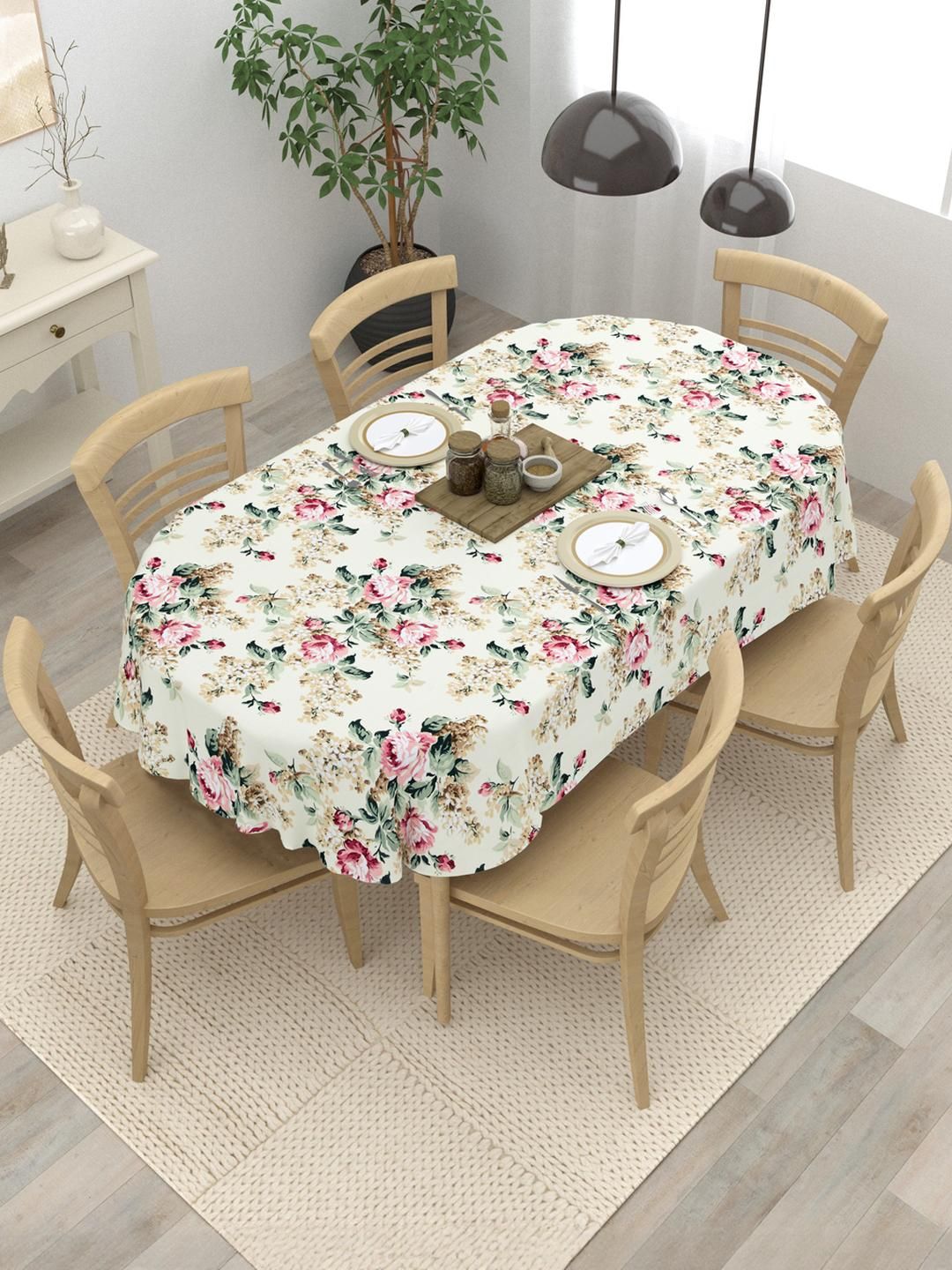 The Home Story Off White Floral Anti-Skid Cotton Oval 6-Seater Table Cover-picture-18