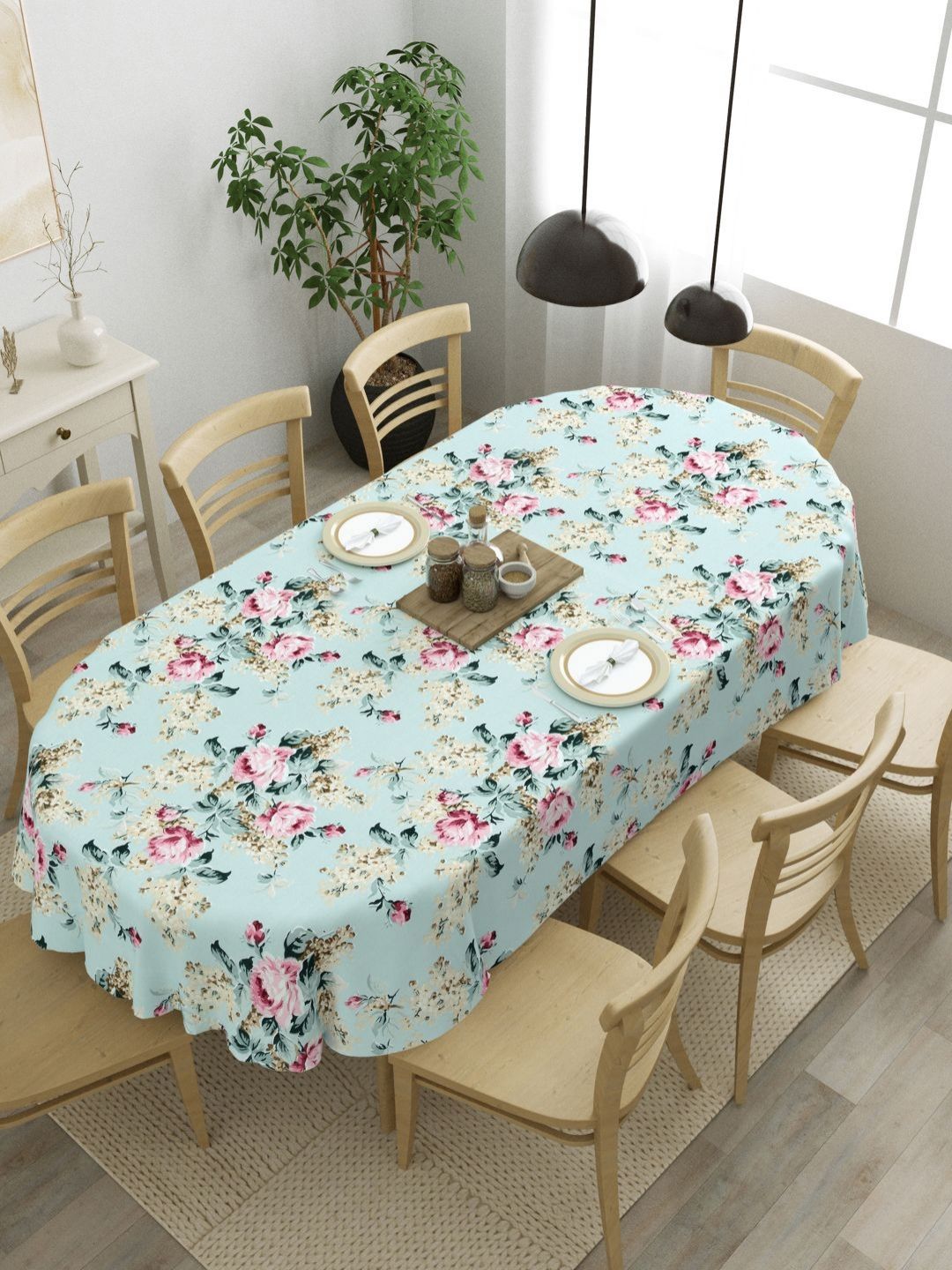 Clasiko Green & Pink Floral Printed Anti-Skid Cotton 8-Seater Table Cover-image-8