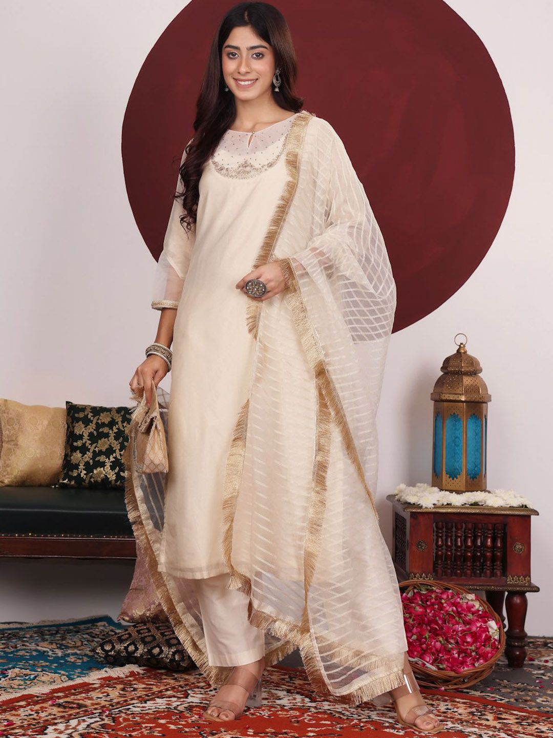 Varanga Floral Embroidered Round Neck Straight Kurta With Trousers & Dupatta