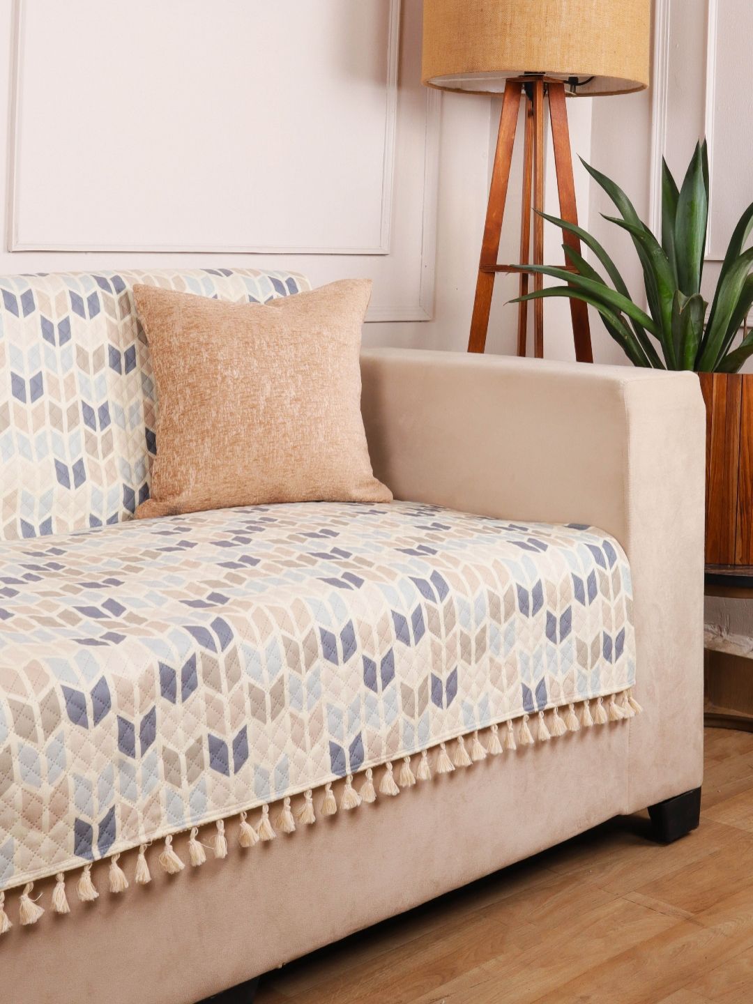 STITCHNEST 3 Seater White & Blue Velvet Sofa Cover