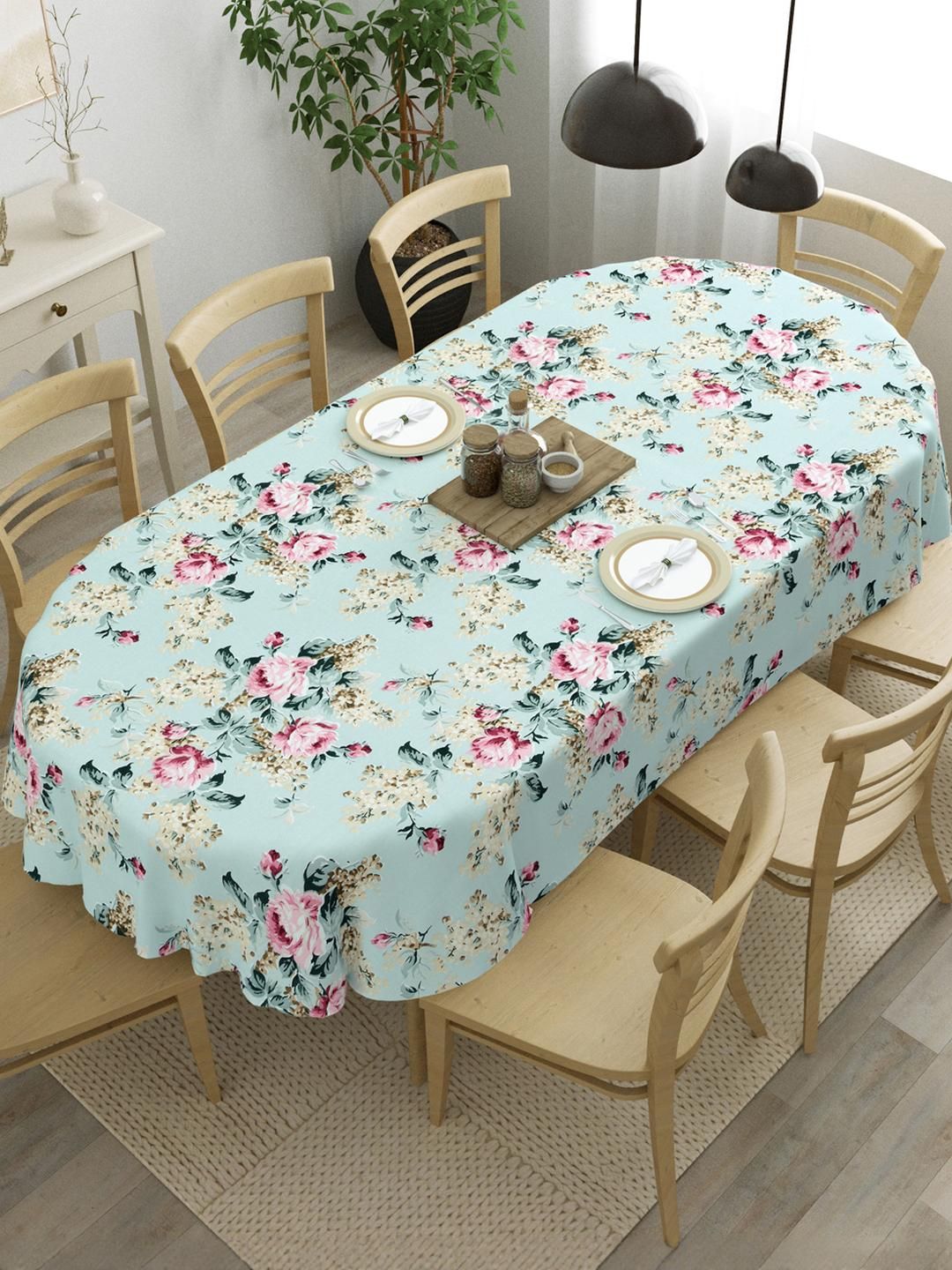The Home Story Green Floral Anti-Skid Cotton Oval 8-Seater Table Cover-picture-27