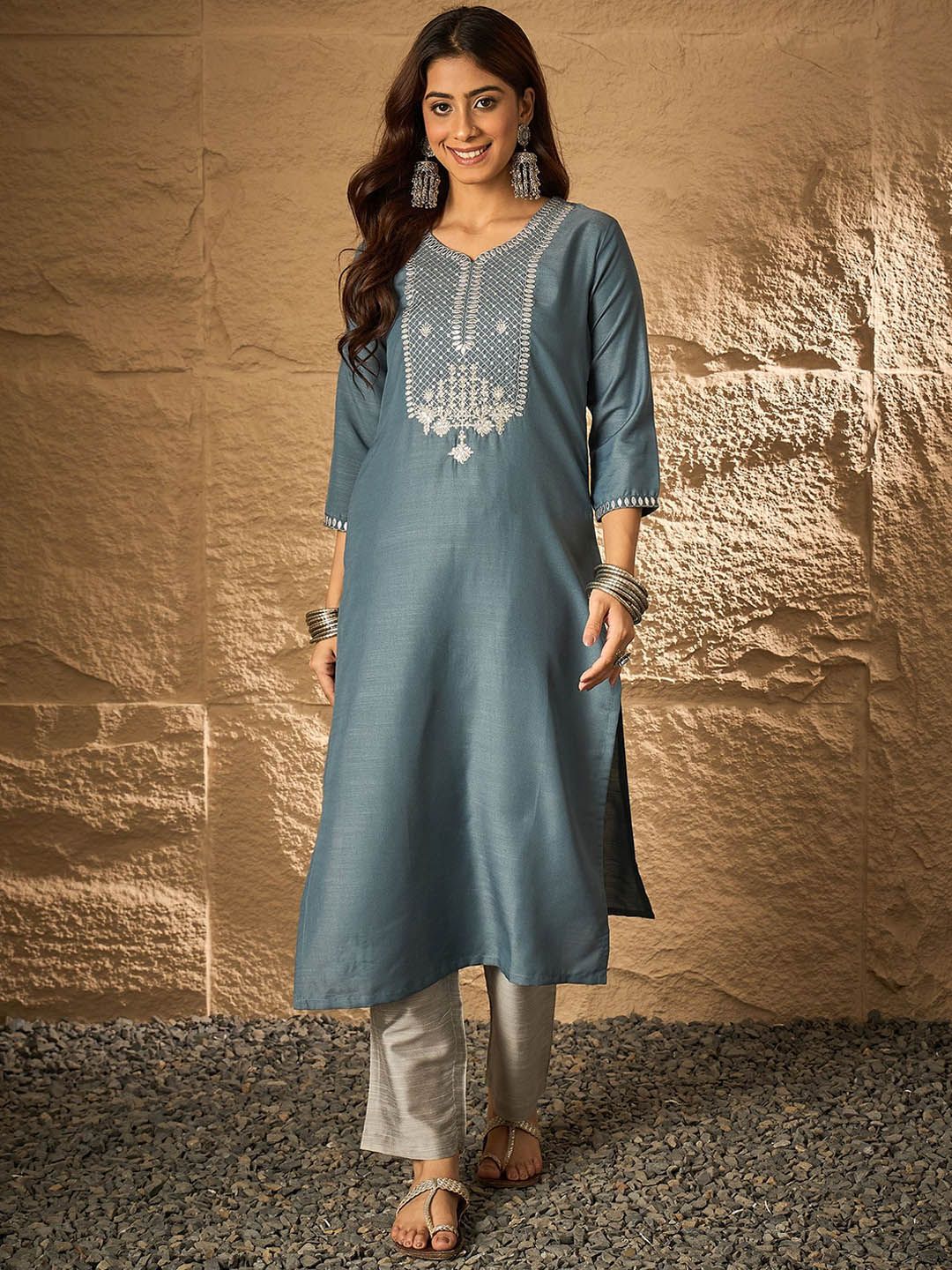 KALINI Women Ethnic Motifs Embroidered Regular Thread Work Kurta with Trousers