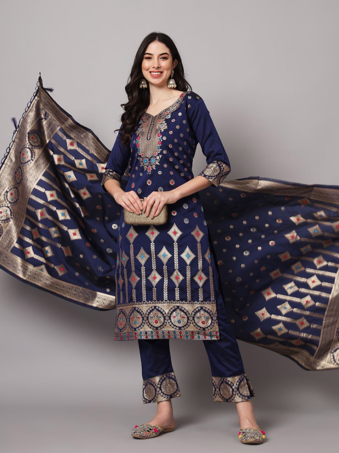 VredeVogel Ethnic Motifs Woven Design Zari Cotton Silk Kurta With Trousers & Dupatta