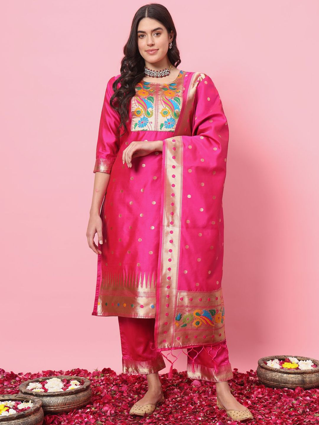 VredeVogel Floral Woven Design Cotton Silk Straight Kurta With Trousers & Dupatta