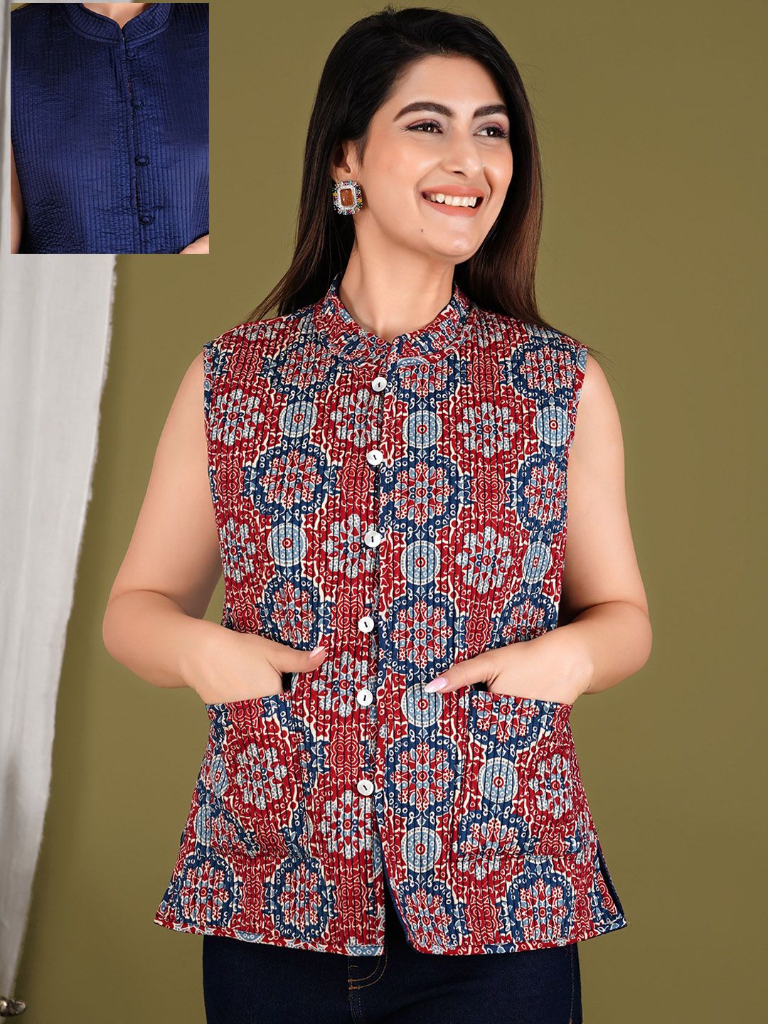 Vasjac Floral Printed Mandarin Collar Sleeveless Reversible Quilted Jacket-picture-19
