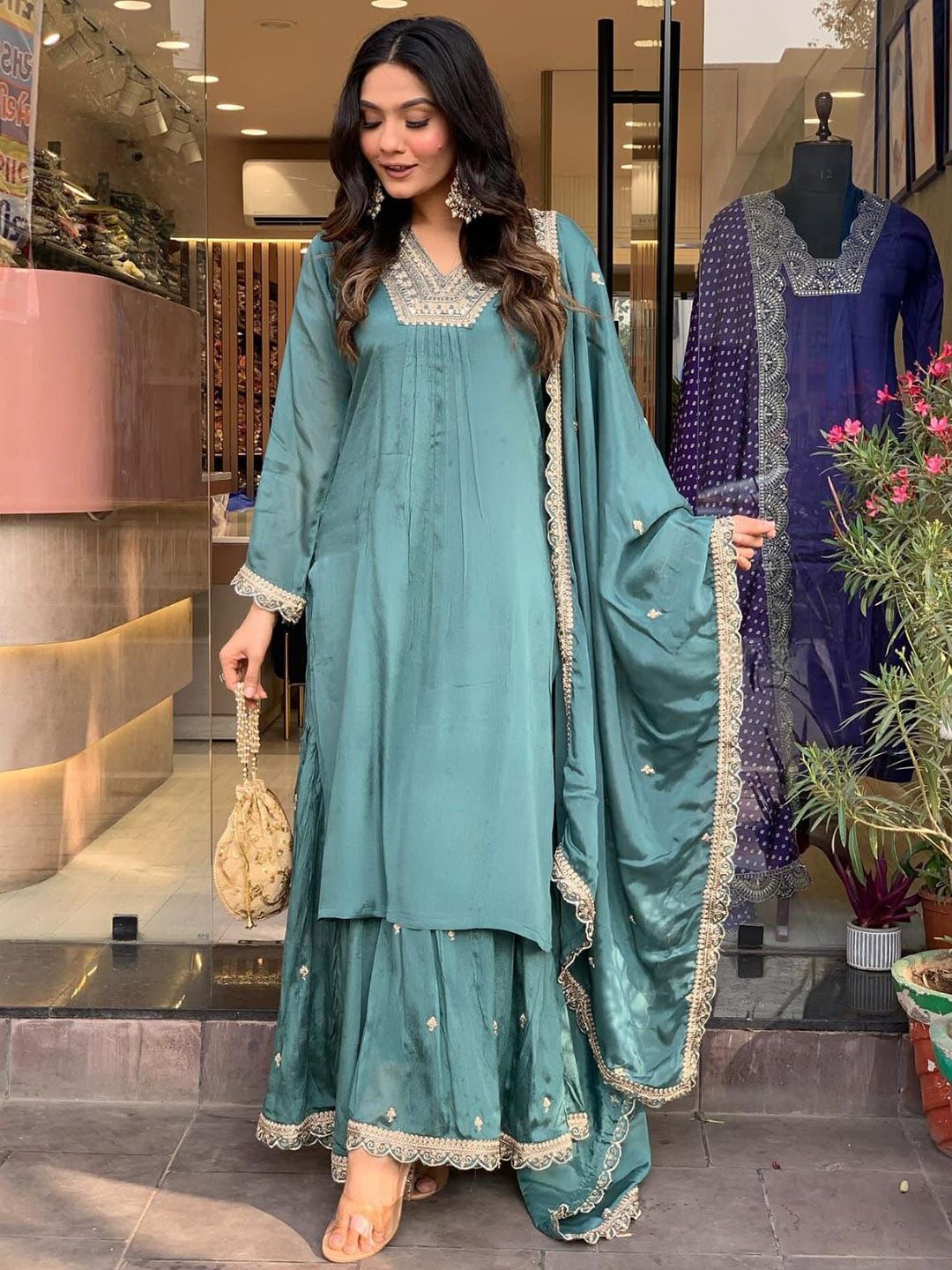 PEENGAX Floral Yoke Design V-Neck Thread Work Kurta With Trousers And Dupatta