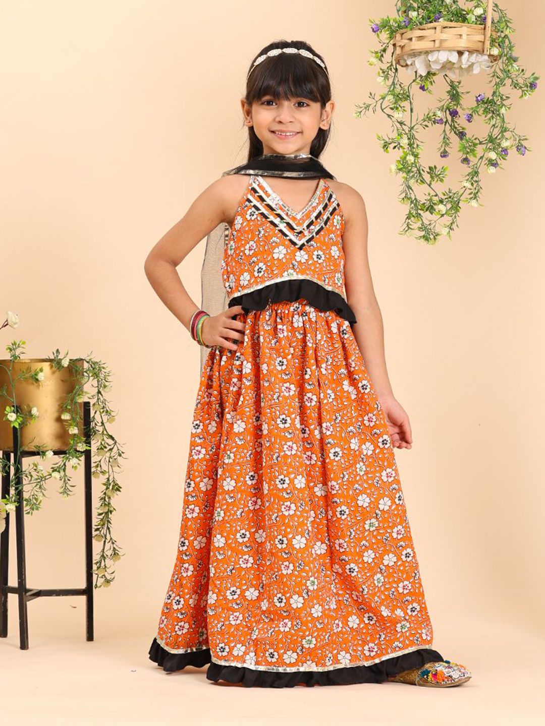 Cutiekins Girls Floral Printed Cotton Gota Patti Ready to Wear Lehenga, Choli With Dupatta-picture-30