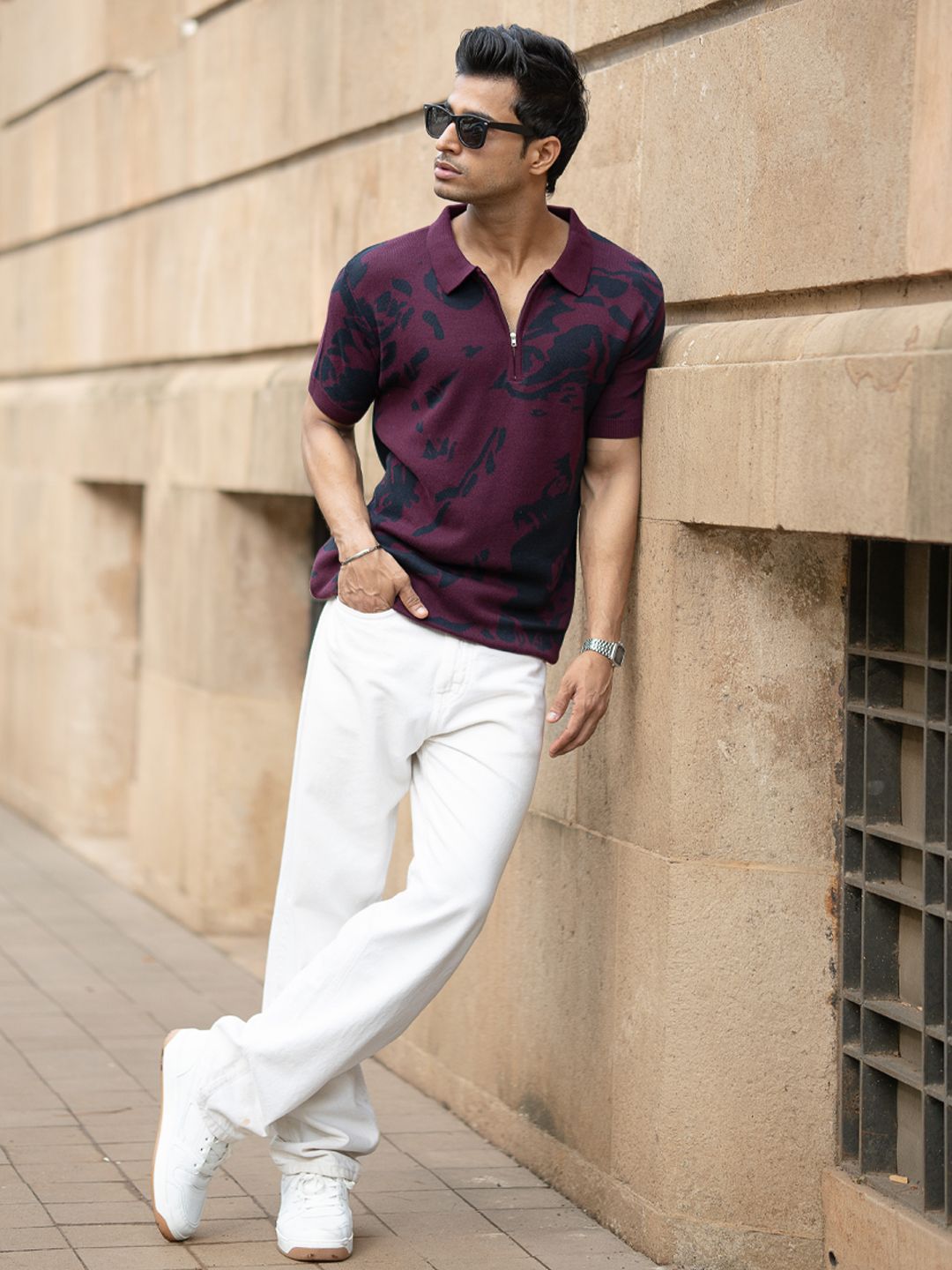 Abstract Swirl Printed Cap Sleeve Polo Shirt