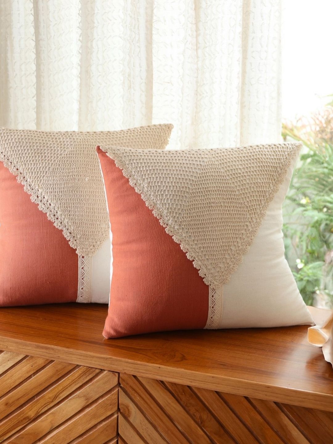 Peepul Tree SS-2025 Rust 2 Pieces Colourblocked Crochet Square Cotton Cushion Covers-image-46