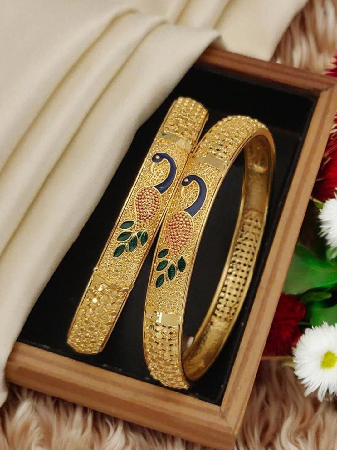 TSF JEWELLERY Set Of 2 Peacock Textured Gold Plated Bangles-picture-41