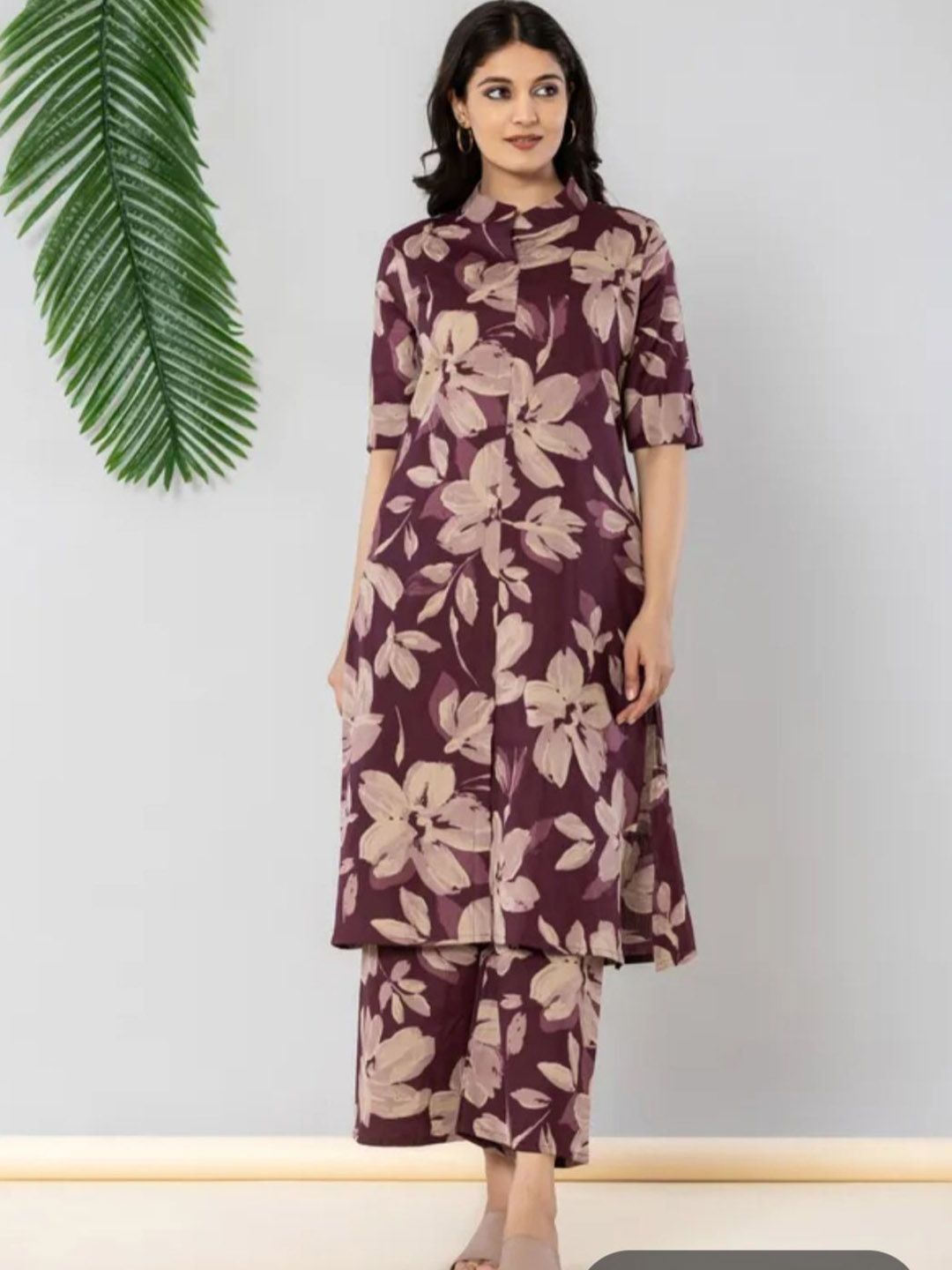 Charnest Floral Printed Mandarin Collar Roll-Up Sleeves Straight Kurta With Palazzos