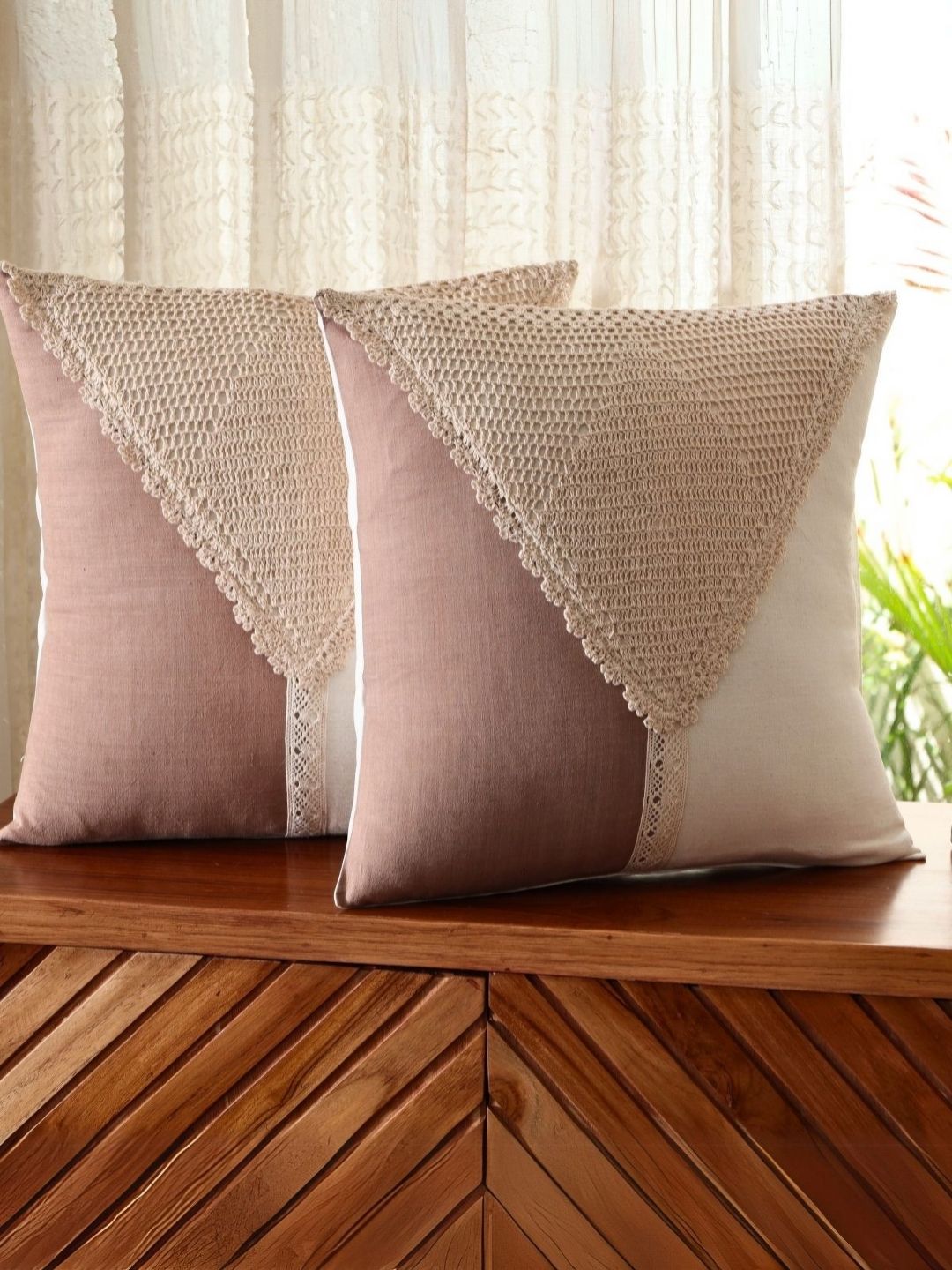 Peepul Tree SS-2025 Taupe 2 Pieces Colourblocked Crochet Square Cotton Cushion Covers-image-30