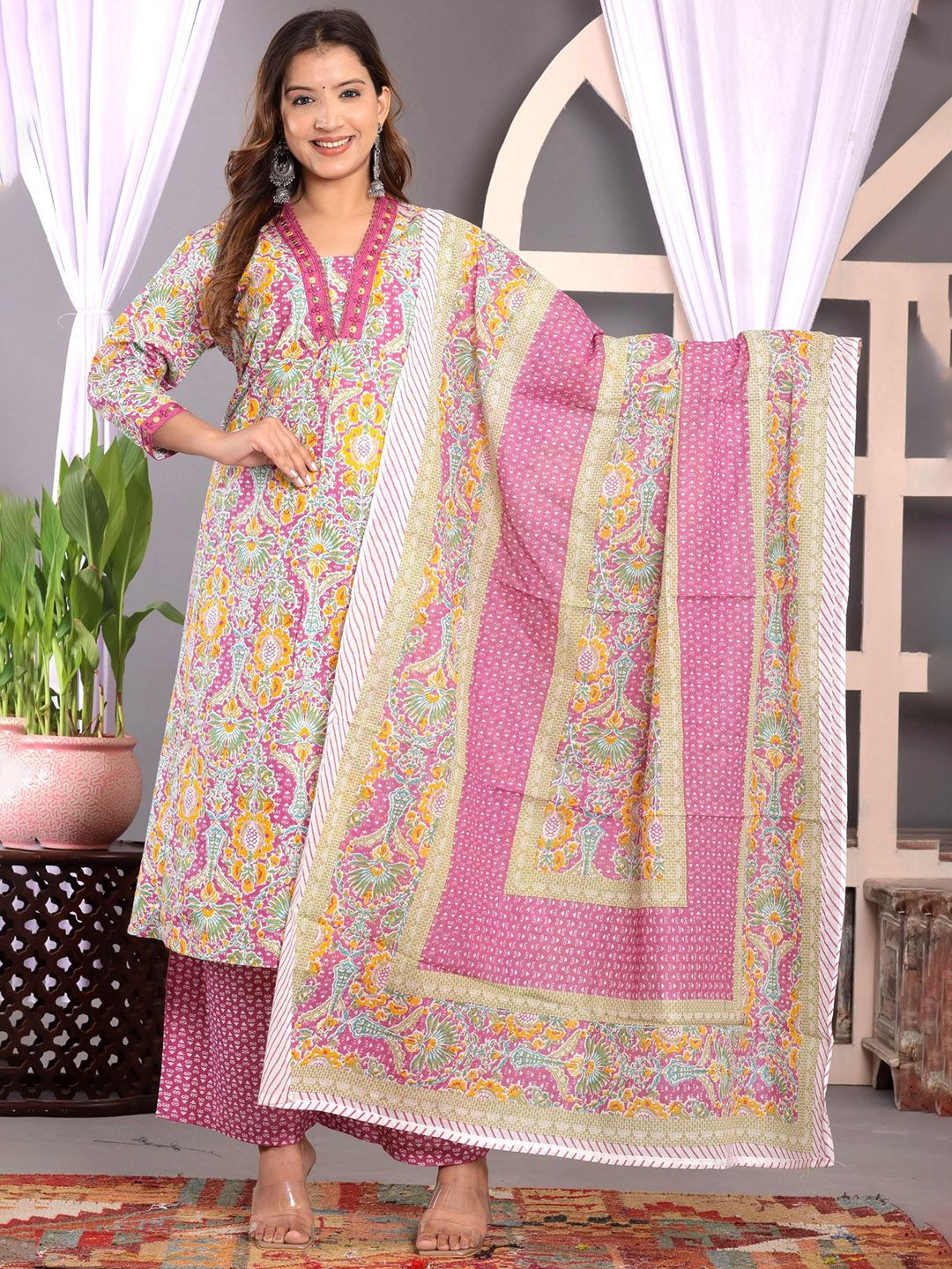 Women Floral Printed Cotton Kurta with Palazzos & Dupatta