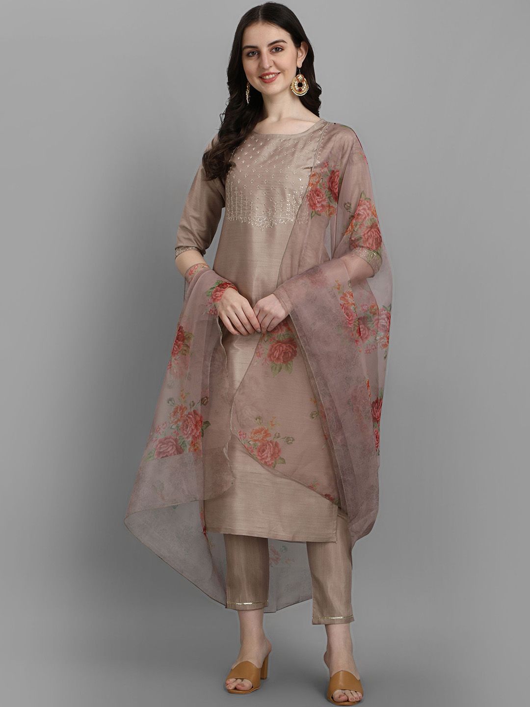 VredeVogel Floral Embroidered Chanderi Silk Sequin Straight Kurta With Trousers & Dupatta