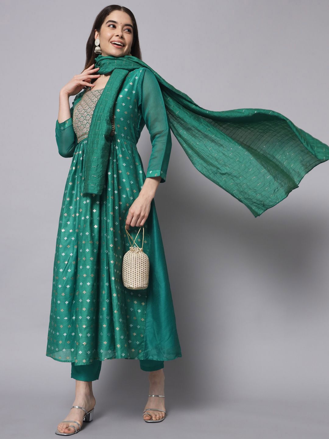 Women Woven Design Kurta with Trousers & Dupatta