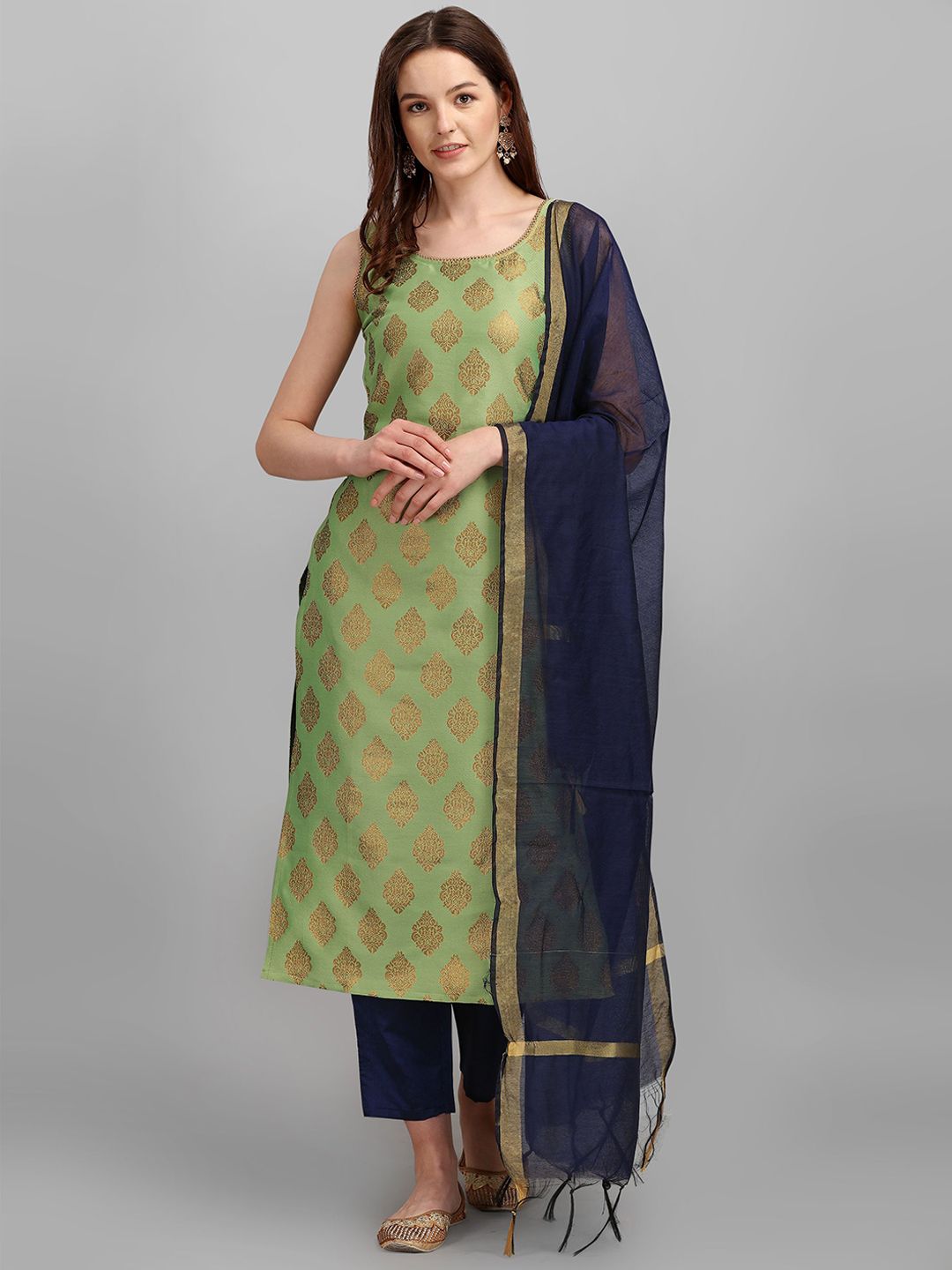 VredeVogel Ethnic Motifs Woven Design Sleeveless Zari Kurta With Trousers & Dupatta