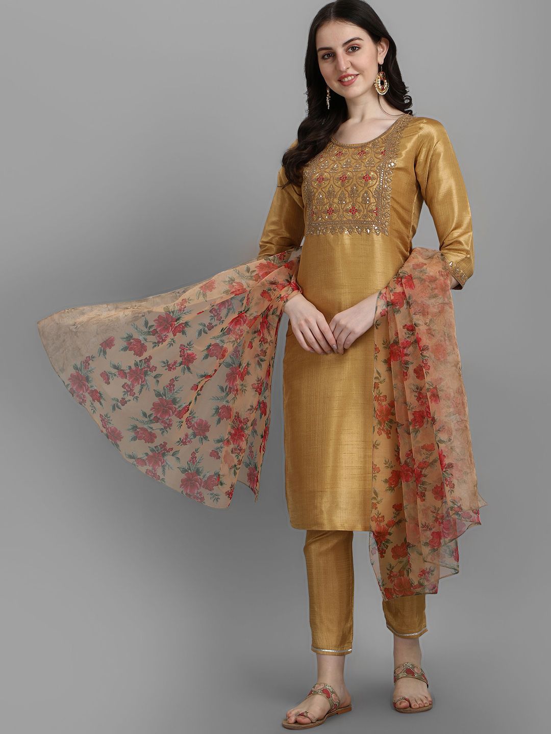 VredeVogel Women Embroidered Silk Blend Kurta Pant and Dupatta Set