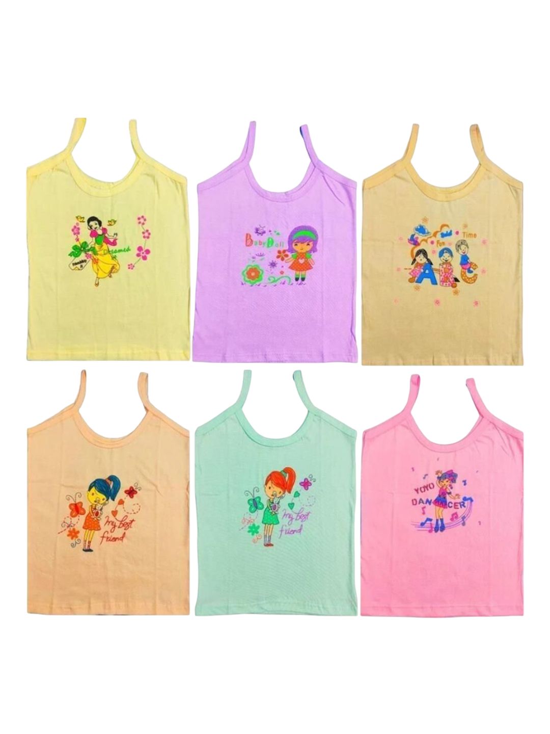 NEW TRINATH HOSIERY Girls Pack Of 6 Printed Cotton Camisoles-picture-30