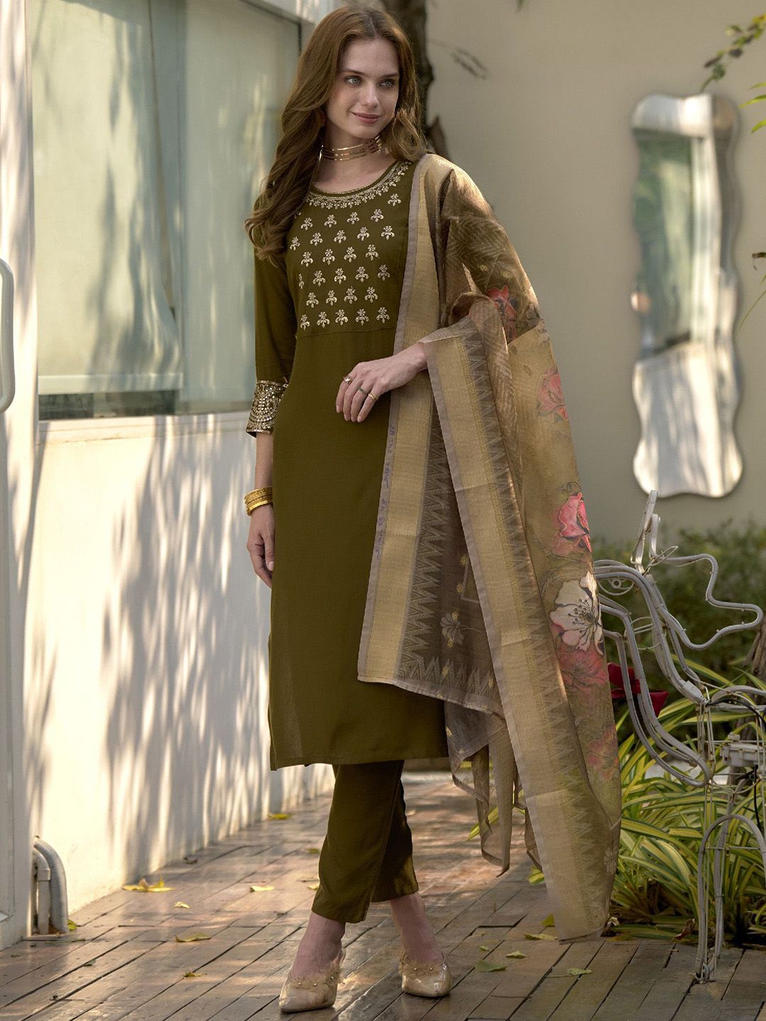 Siya Fashion Floral Yoke Design Sequinned Straight Kurta With Trousers And Dupatta