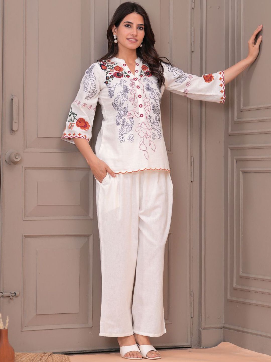 NNAVDHA Embroidered Pure Cotton Top & Trousers Co-Ord Set