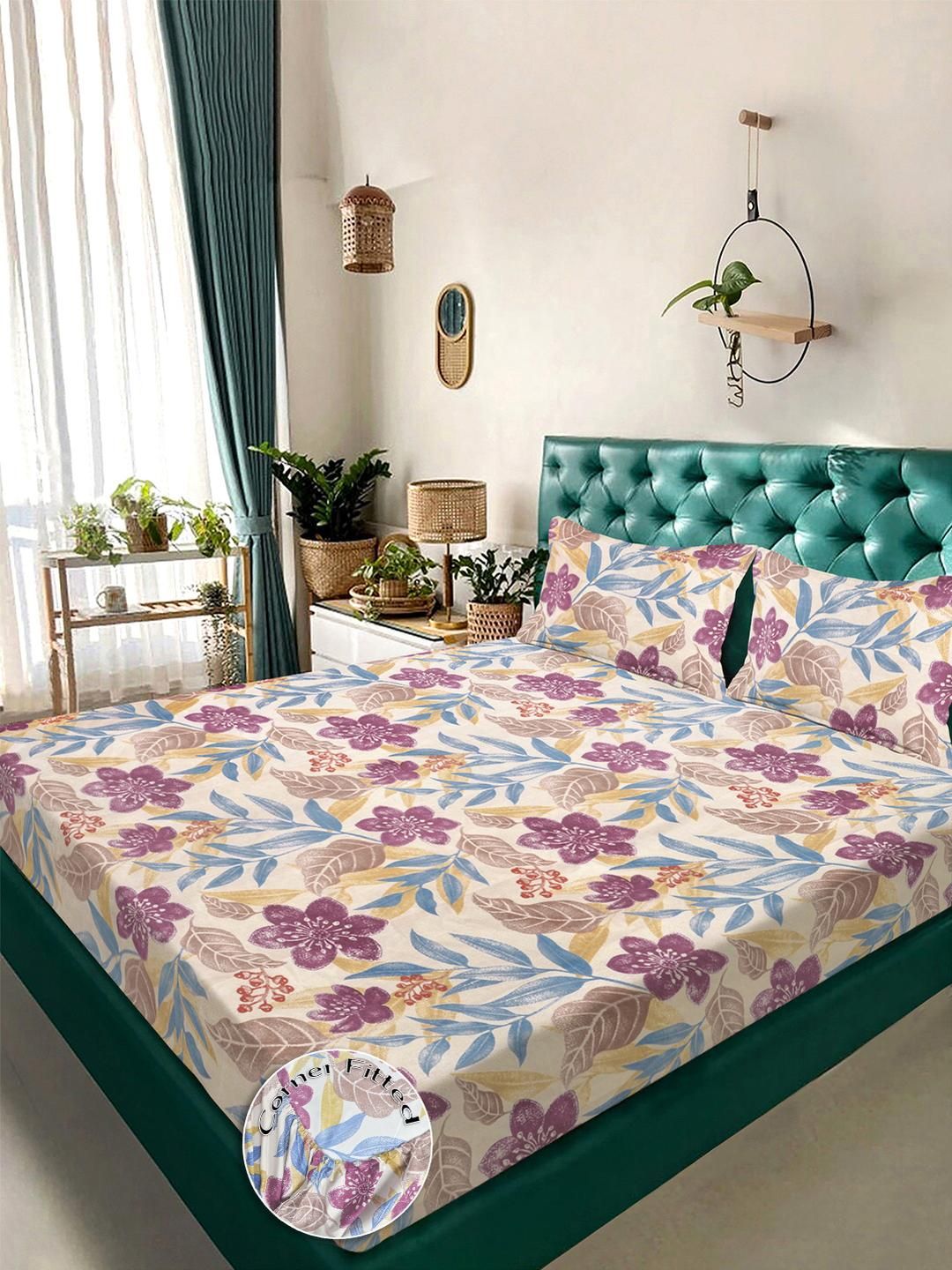 KLOTTHE Multicoloured Floral 300 TC King Bedsheet with 2 Pillow Covers-picture-11