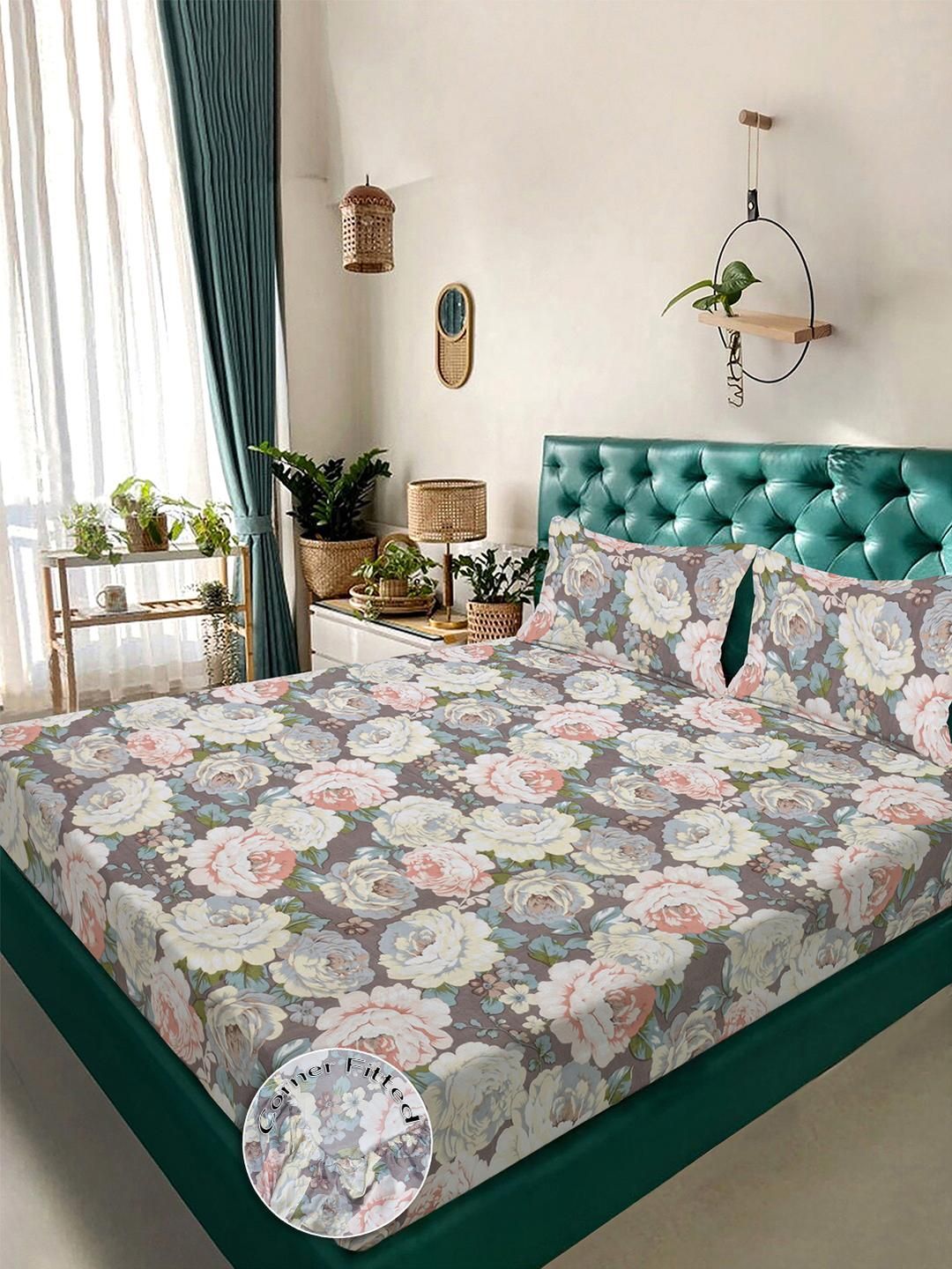 KLOTTHE Multicoloured Floral 300 TC King Bedsheet with 2 Pillow Covers-picture-10