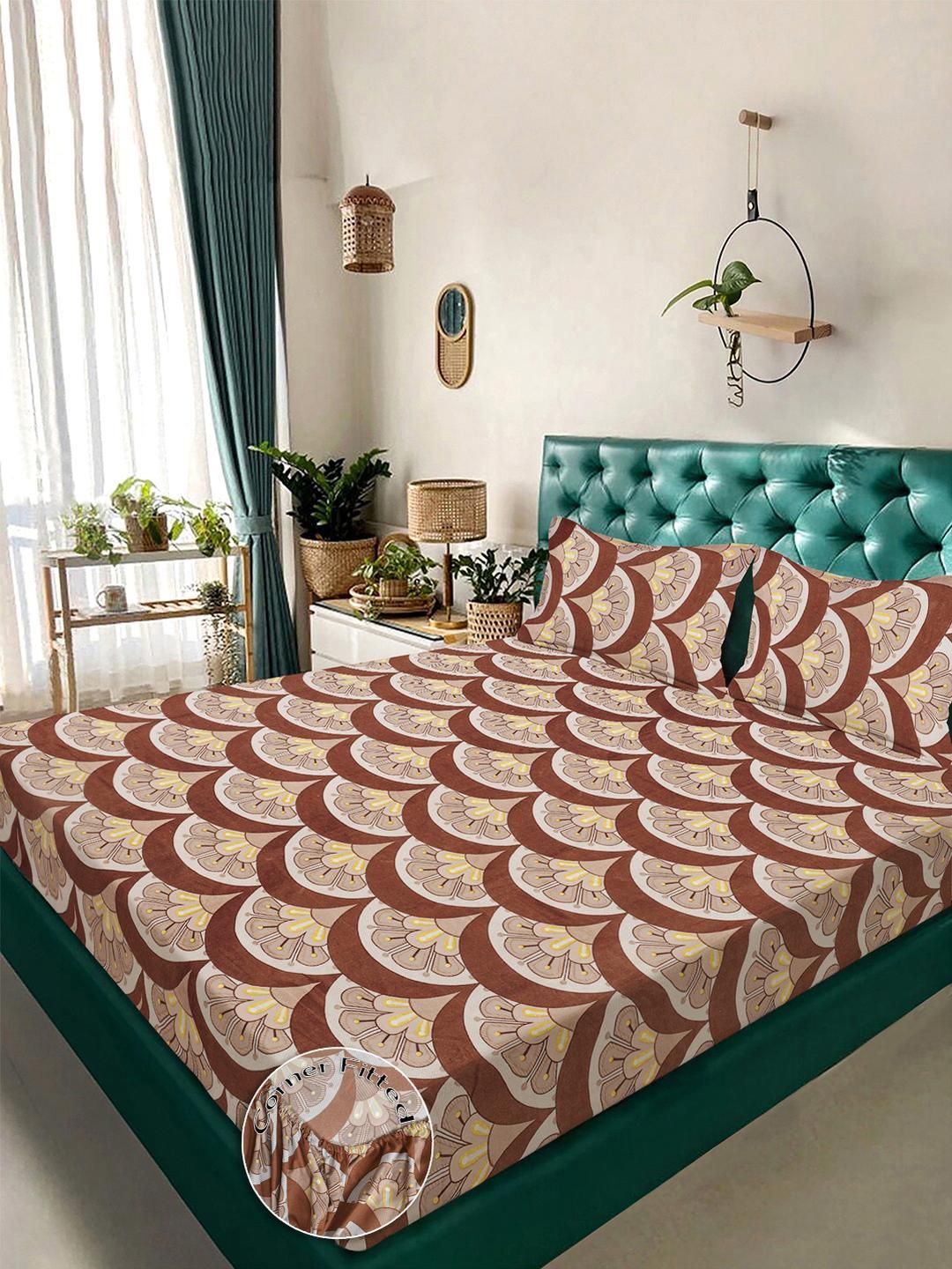 KLOTTHE Brown Floral 300 TC King Bedsheet with 2 Pillow Covers-picture-35