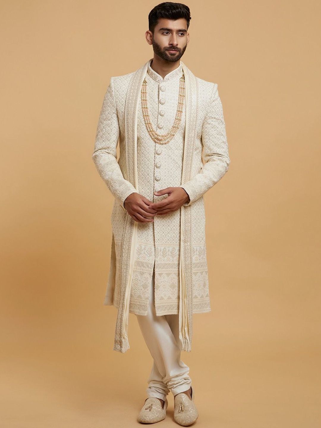 Twamev Men Embroidered Mandarin Collar Sherwani Set With Dupatta-picture-27