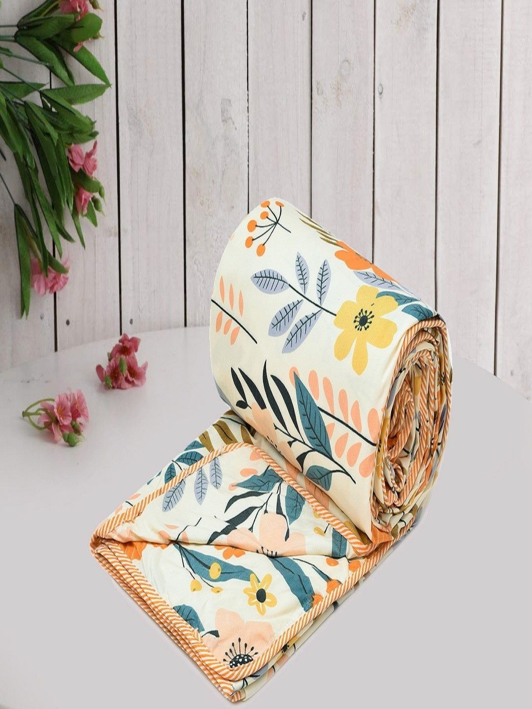 Myntra Elegant Homes Cream & Orange Floral Microfiber AC Room 150 GSM Double Bed Dohar-picture-21
