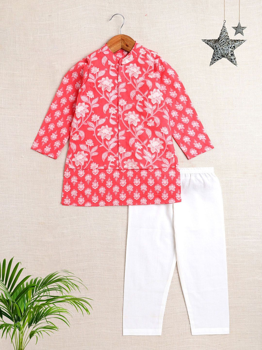 The Magic Wand Boys Floral Printed Mandarin Collar Pure Cotton Kurta With Pyjamas-picture-10