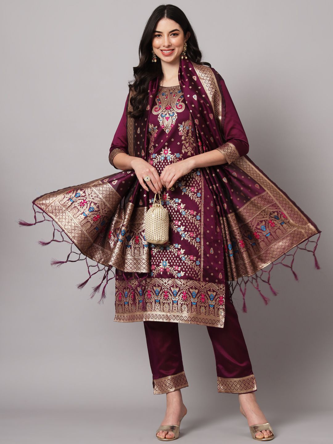 VredeVogel Women's Cotton Silk Jacquard Kurta Pant Set with Dupatta