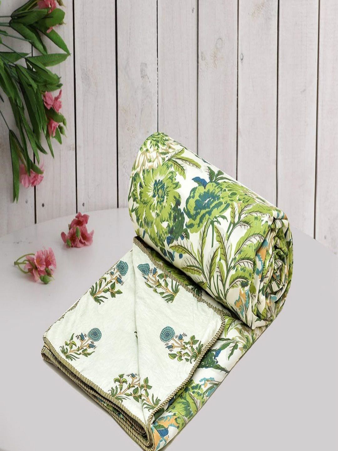 Myntra Elegant Homes Green & Blue Floral Microfiber AC Room 150 GSM Double Bed Dohar-picture-26