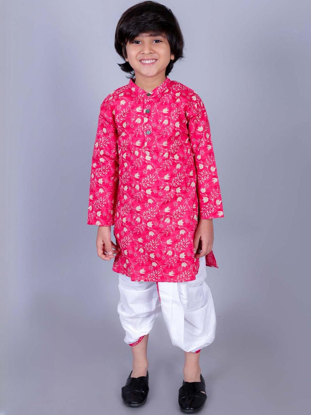 FabJunior Boys Floral Printed Pink Kurta With Dhoti Pants-image-4