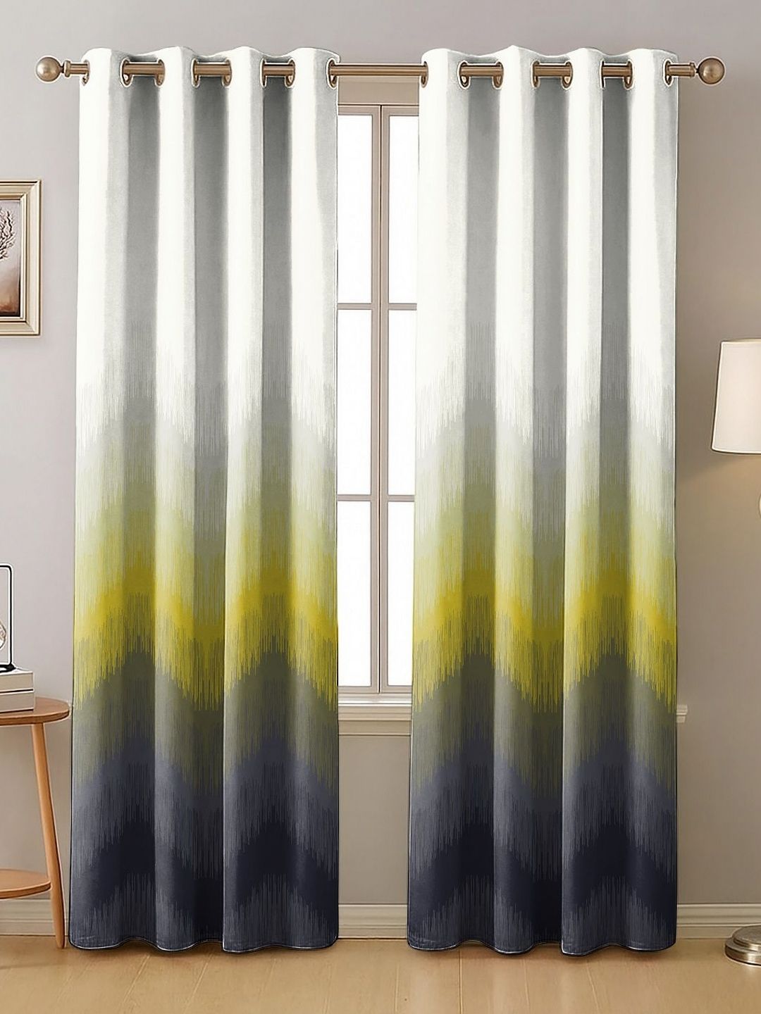 Nefertiti Home White & Lime Green 2 Pieces Geometric Black Out Door Curtains-image-11