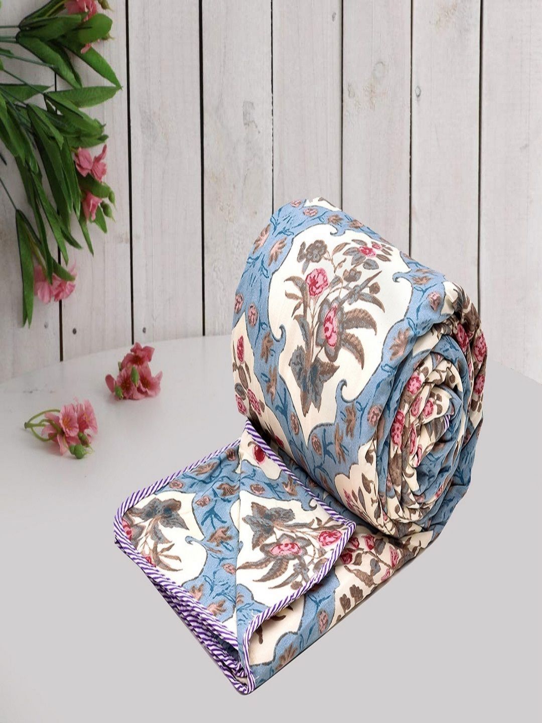 Myntra Elegant Homes White & Blue Floral Microfiber AC Room 150 GSM Double Bed Dohar-picture-14