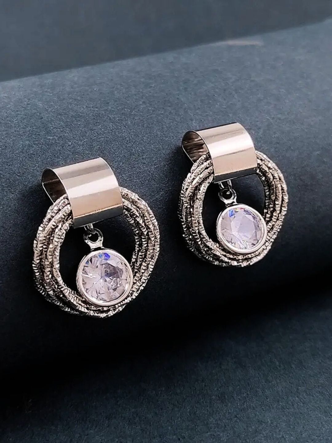 DressBerry Silver Plated Artificial Stones Studded Contemporary Drop Earrings-picture-36