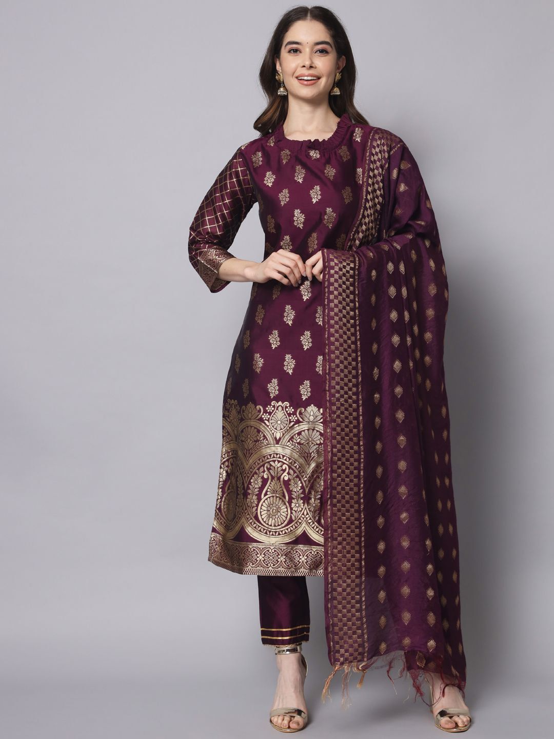 VredeVogel Floral Woven Design Cotton Silk Straight Kurta With Trousers & Dupatta
