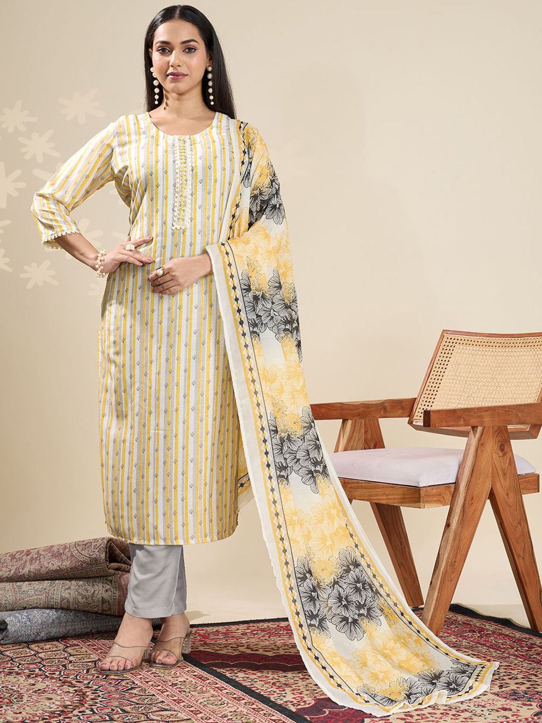 Women Striped Kurta with Trousers & Dupatta