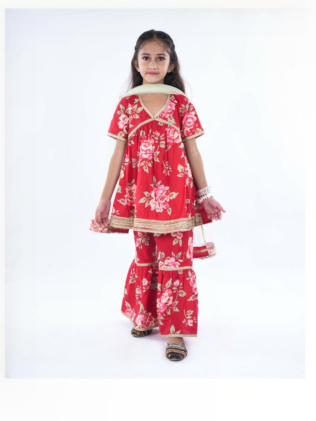 FabJunior Girls Floral Printed Regular Gotta Patti Kurta with Sharara & With Dupatta-picture-14