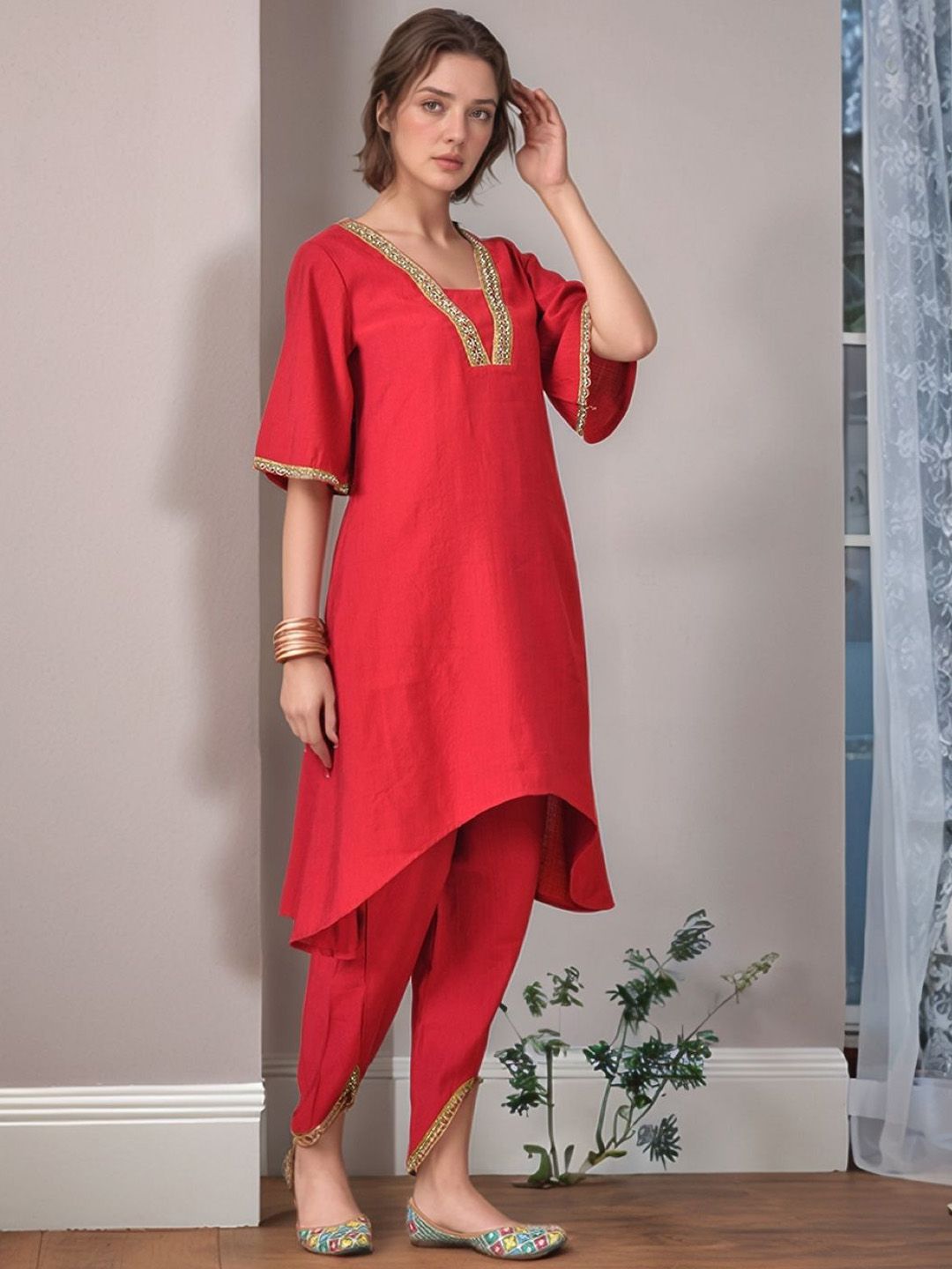 Women Solid Ethnic Kurta with Dhoti Pant