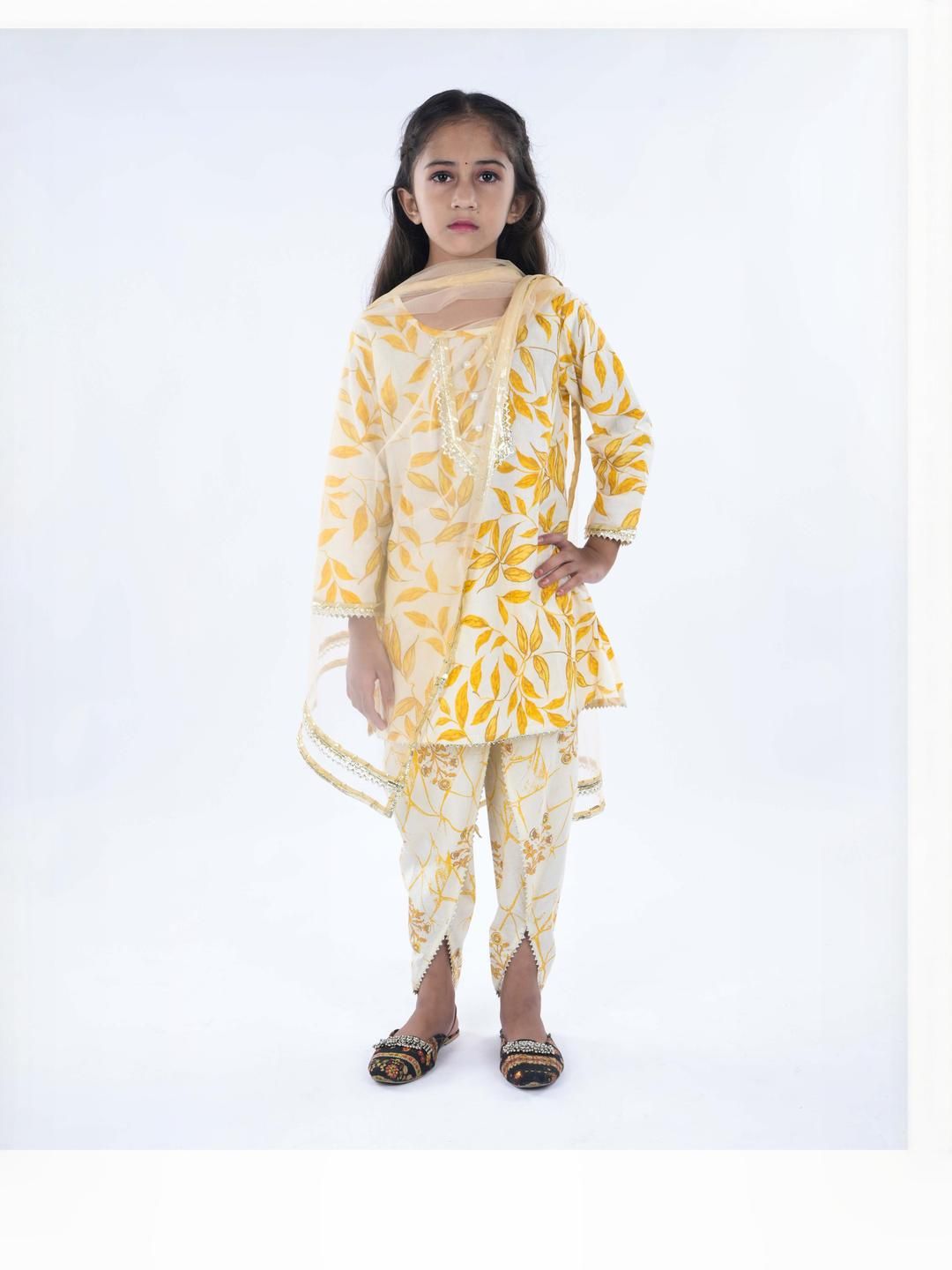 FabJunior Girls Leaf Printed Cotton Kurta with Trousers & With Dupatta-picture-15
