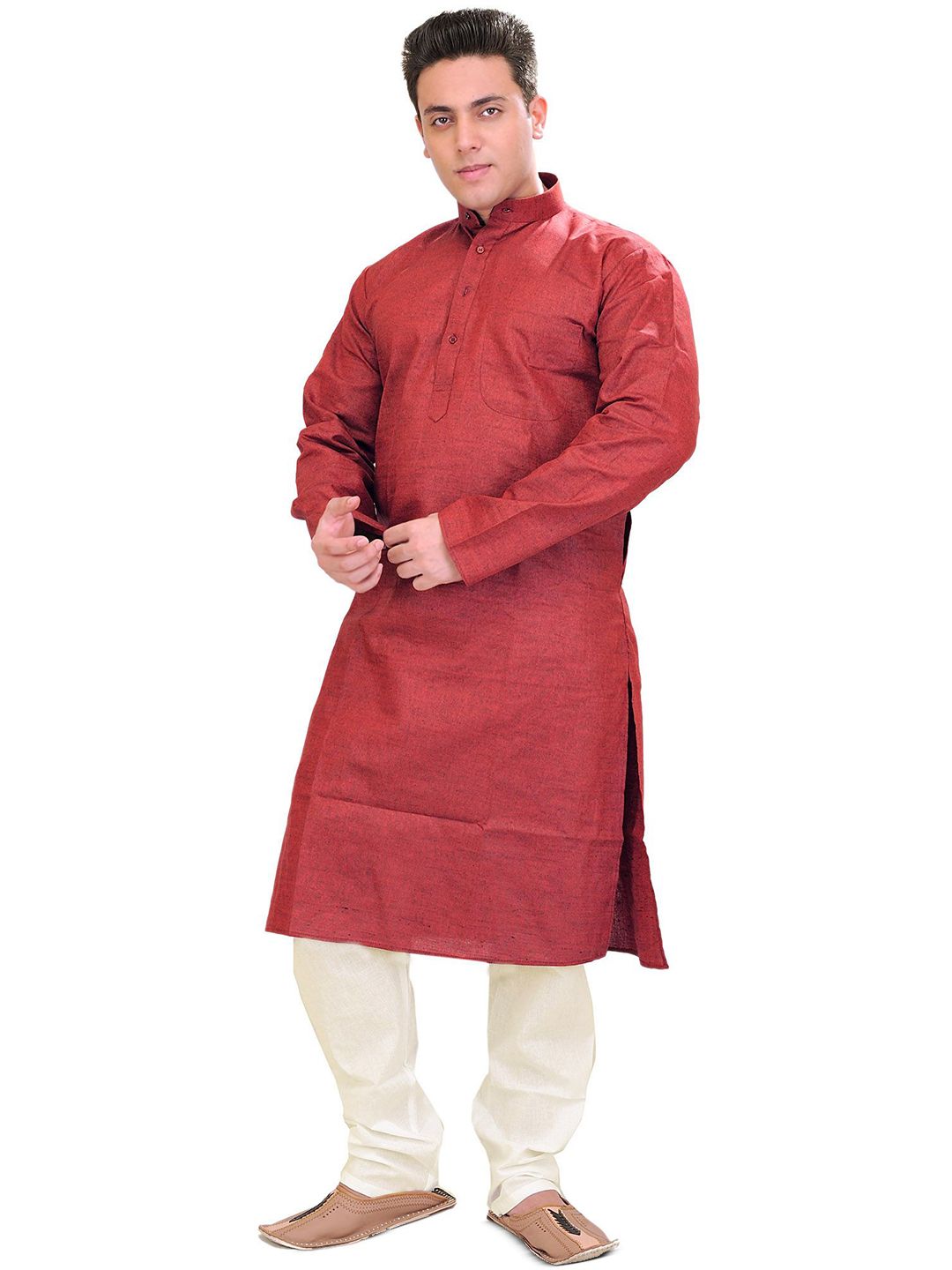 Exotic India Men Rio-Red Plain Cotton Kurta with White Pajama Set-picture-27
