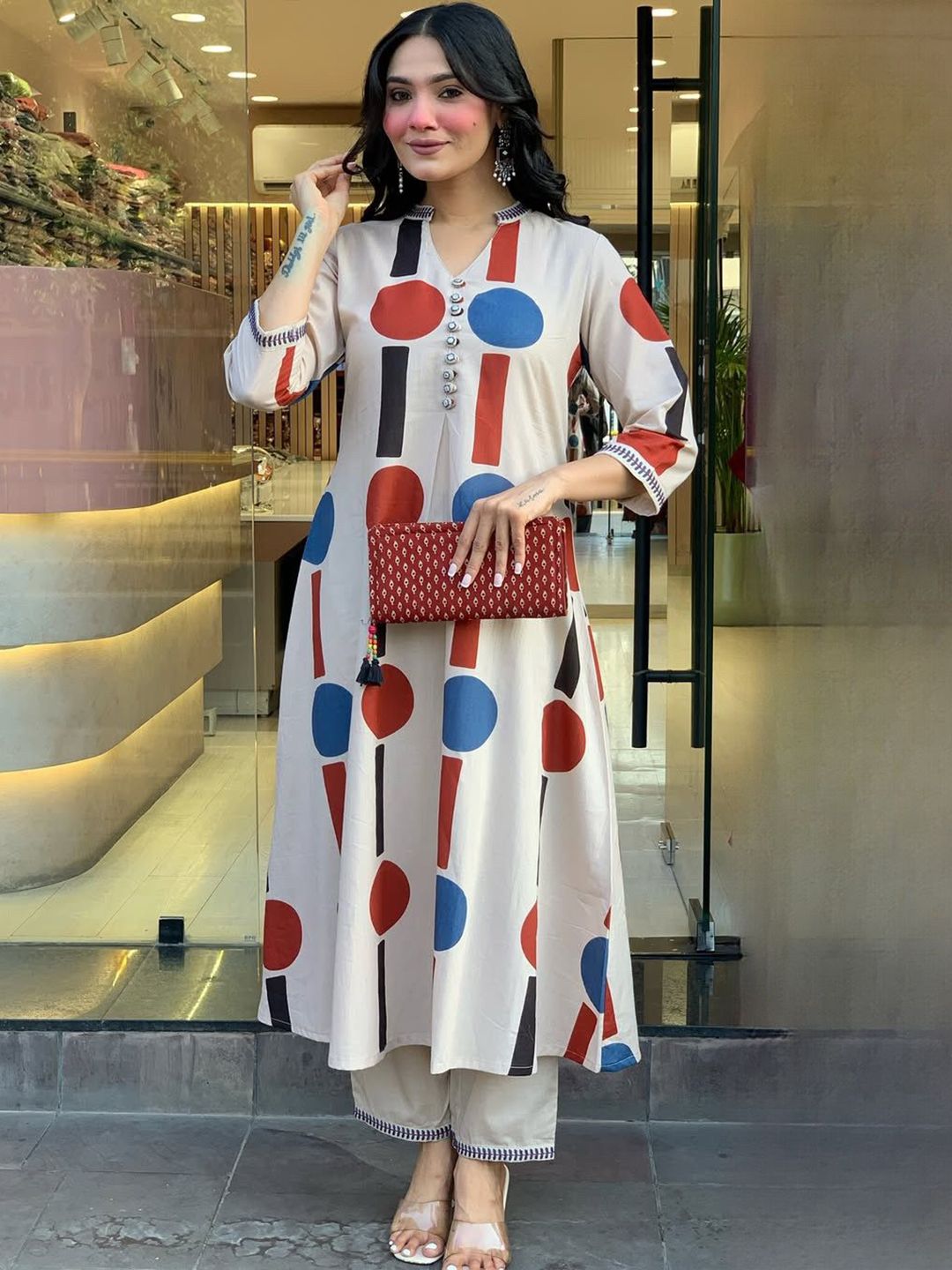 SINGNI Geometric Printed Mandarin Collar Pure Cotton A-Line Kurta With Trousers