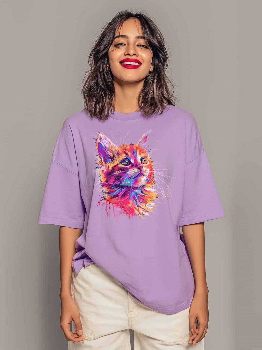 Storeily Adorable Cat Design Printed Drop-Shoulder Sleeves Cotton Oversized T-shirt-picture-26