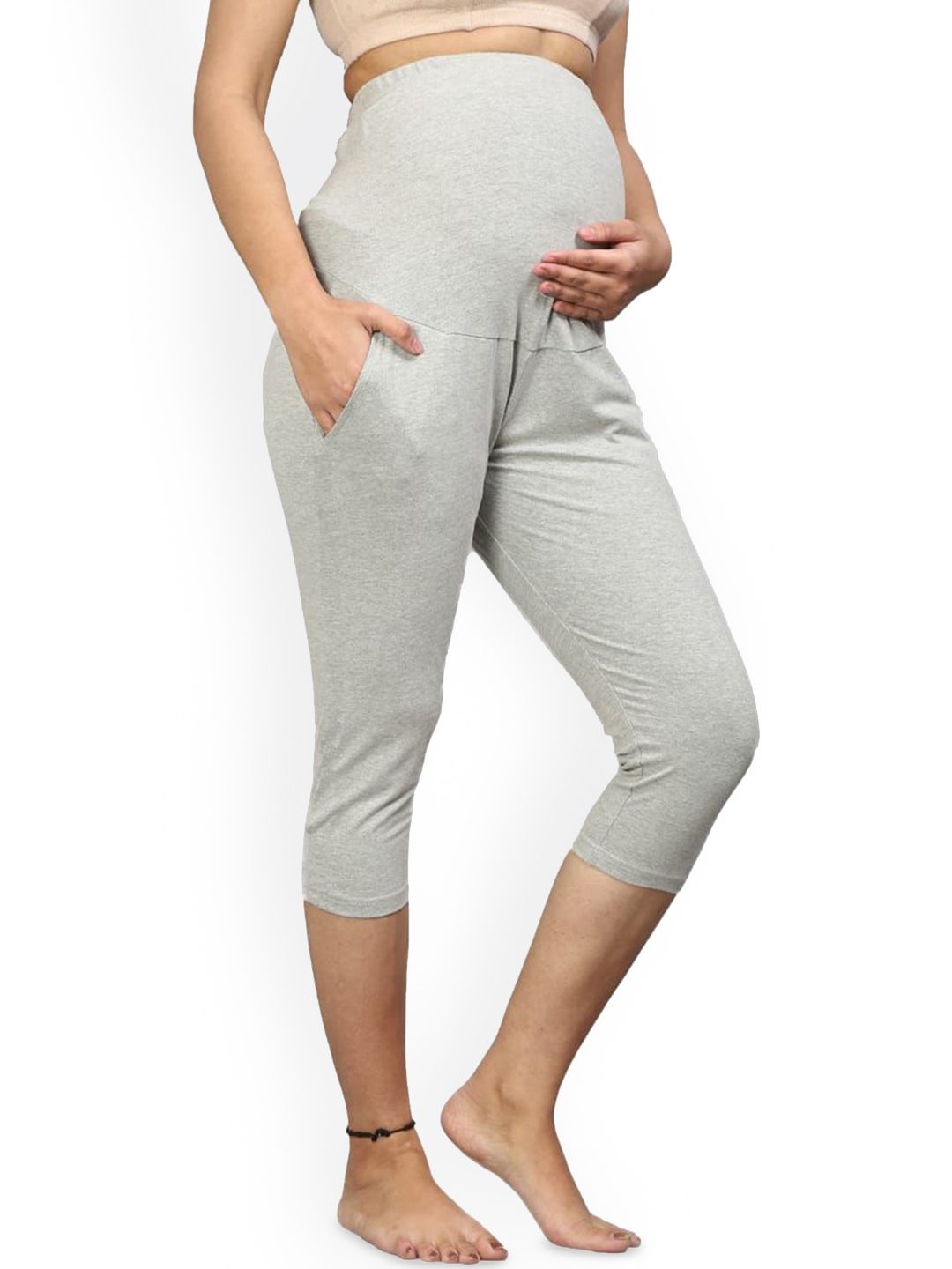 Lenam Women Stretchable Maternity Three-Fourth Length Leggings With Adjustable Waist