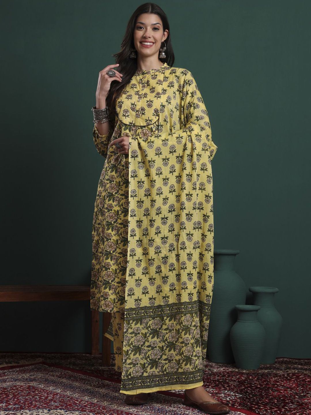 Yufta Women Floral Printed Regular Pure Cotton Kurta with Trousers & Dupatta
