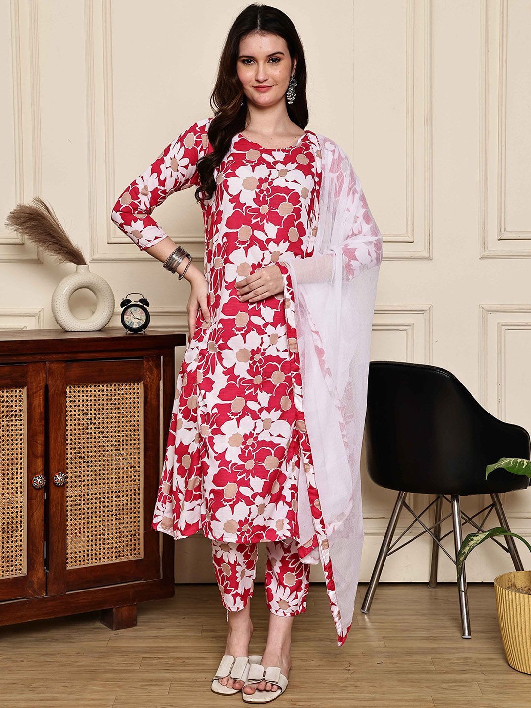 KALINI Floral Printed V-Neck A-Line Kurta With Trousers & Dupatta