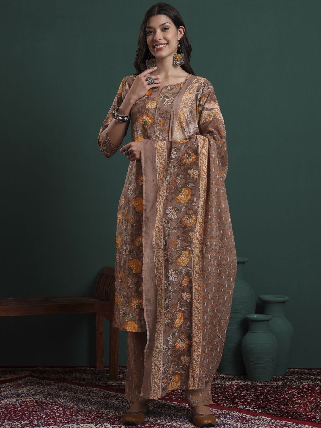 Yufta Women Floral Printed Regular Pure Cotton Kurta with Trousers & With Dupatta
