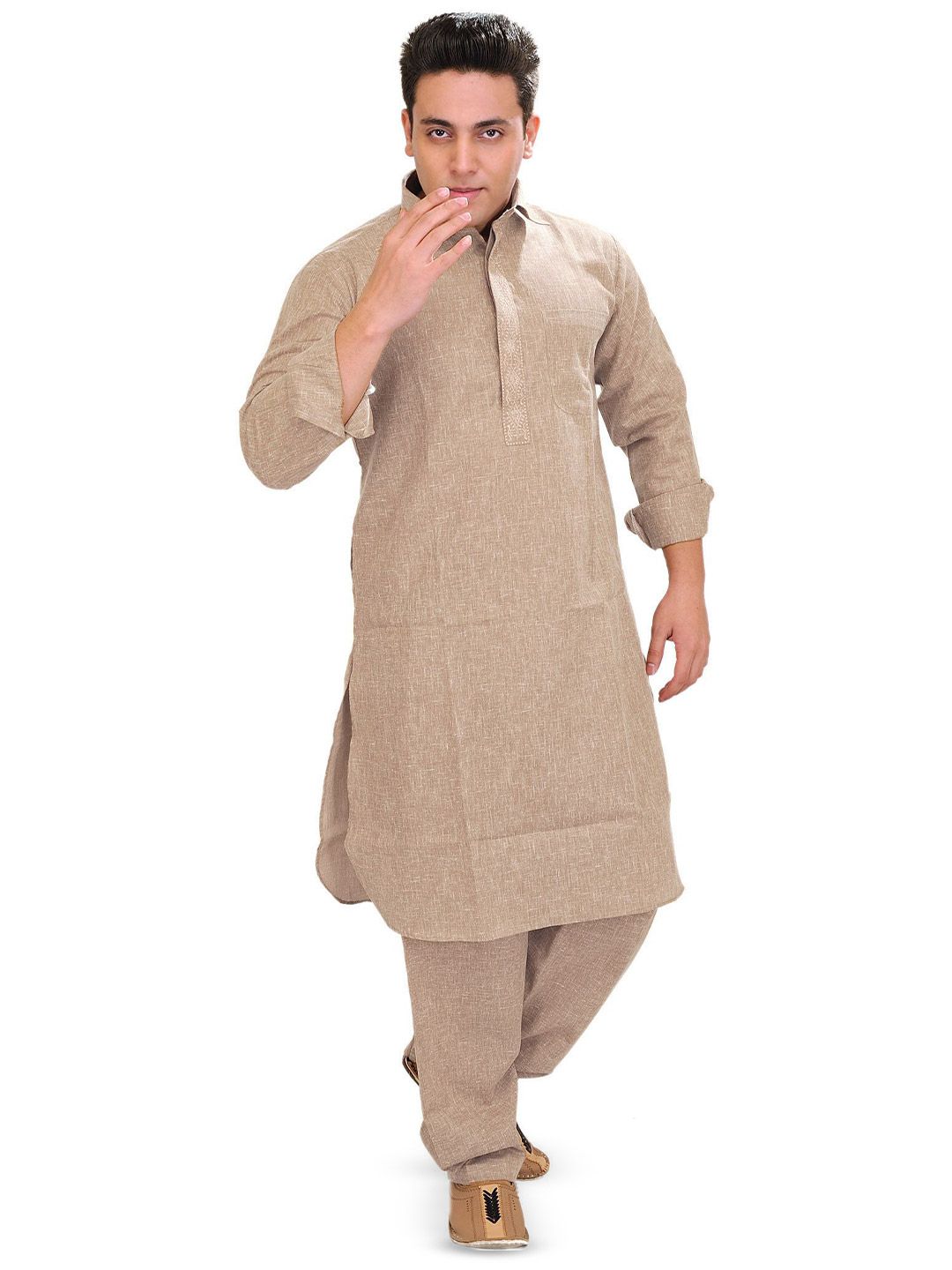 Exotic India Men Pure Cotton Plain Pathani Kurta Salwar with Thread Embroidery on Neck-picture-23