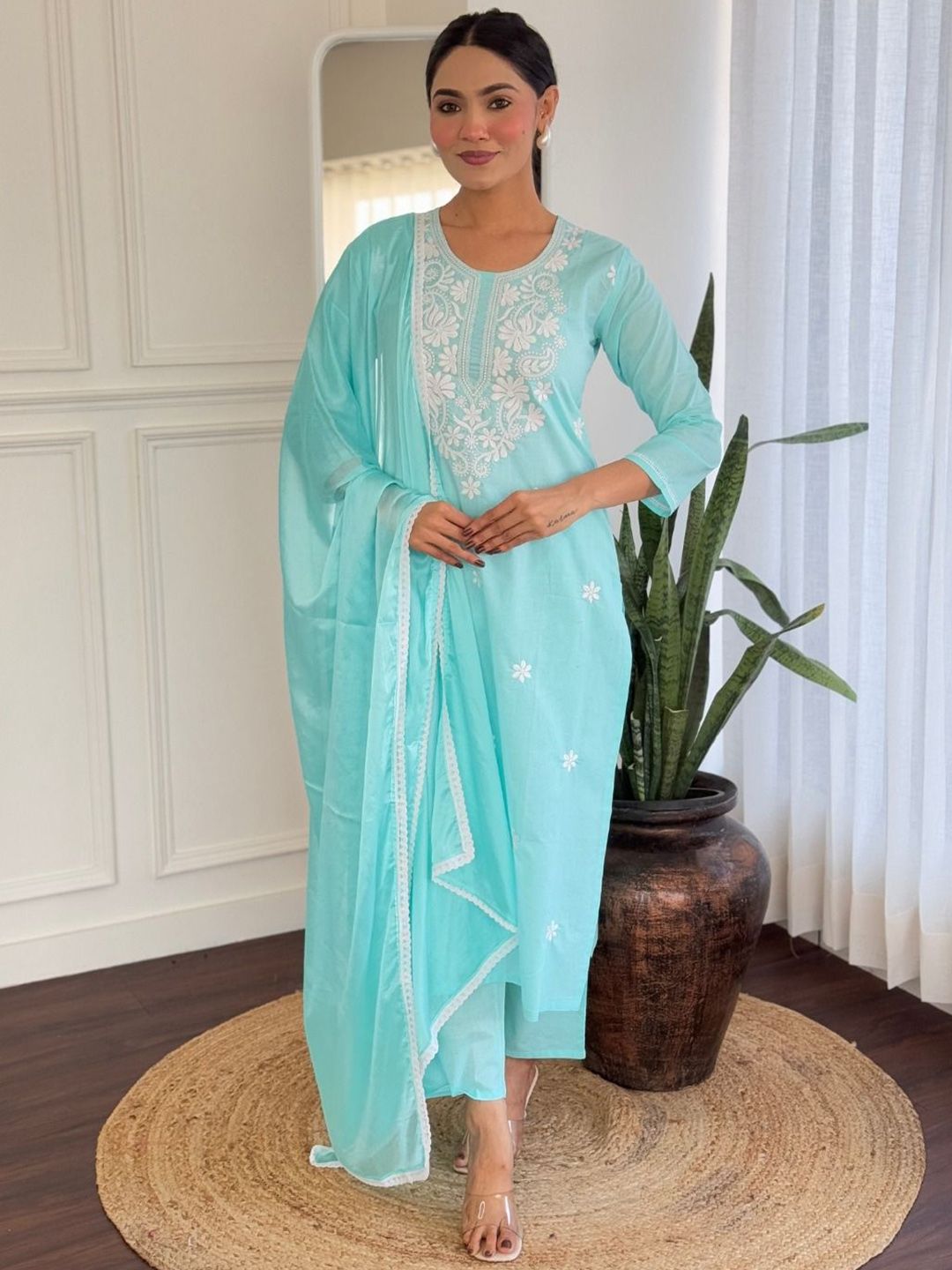 Moda Rapido Floral Embroidered Round Neck Pure Cotton Kurta With Trousers & Dupatta